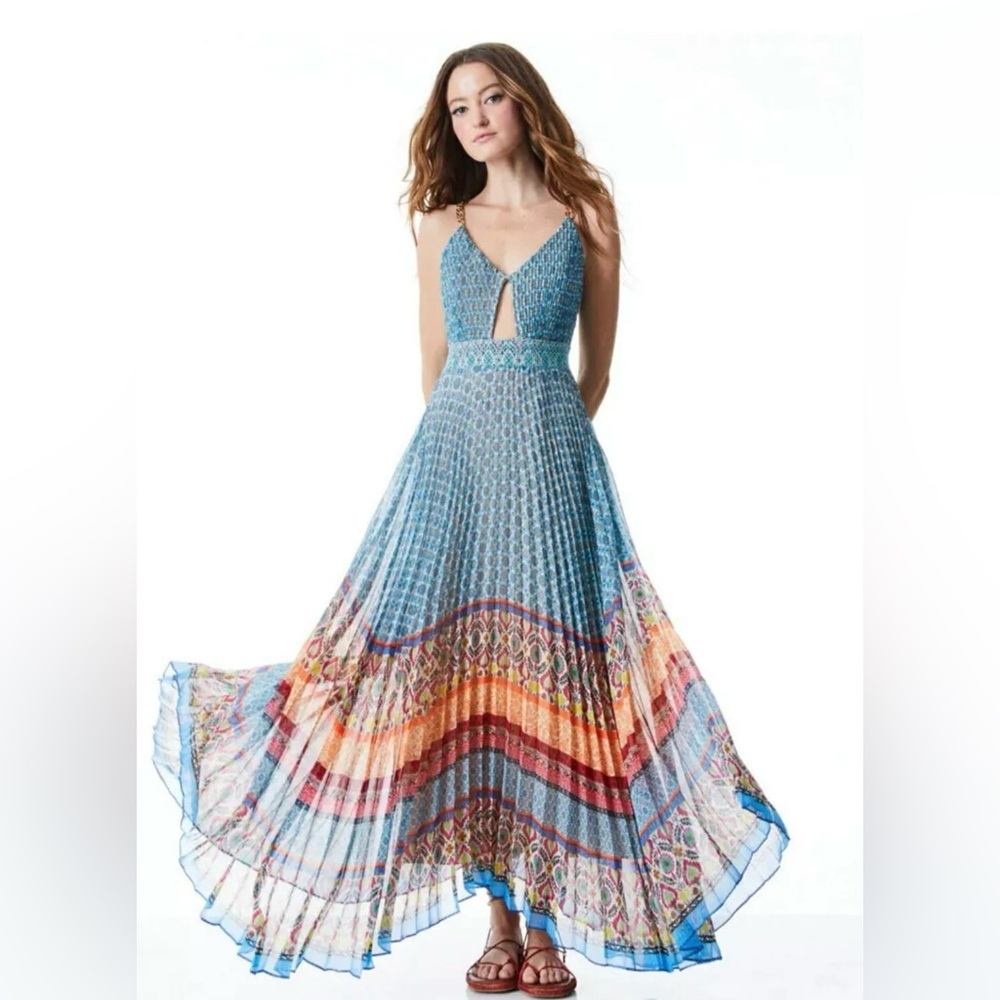 Alice + Olivia Gloria Chain-Strap Pleated Maxi Dress Size 4 - Picture 3 of 11